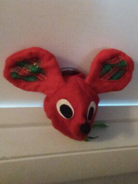 VINTAGE HOLIDAY DOOR KNOB COVER W/ORIGINAL BOX RED MOUSE PLAID GREEN BOW VTG